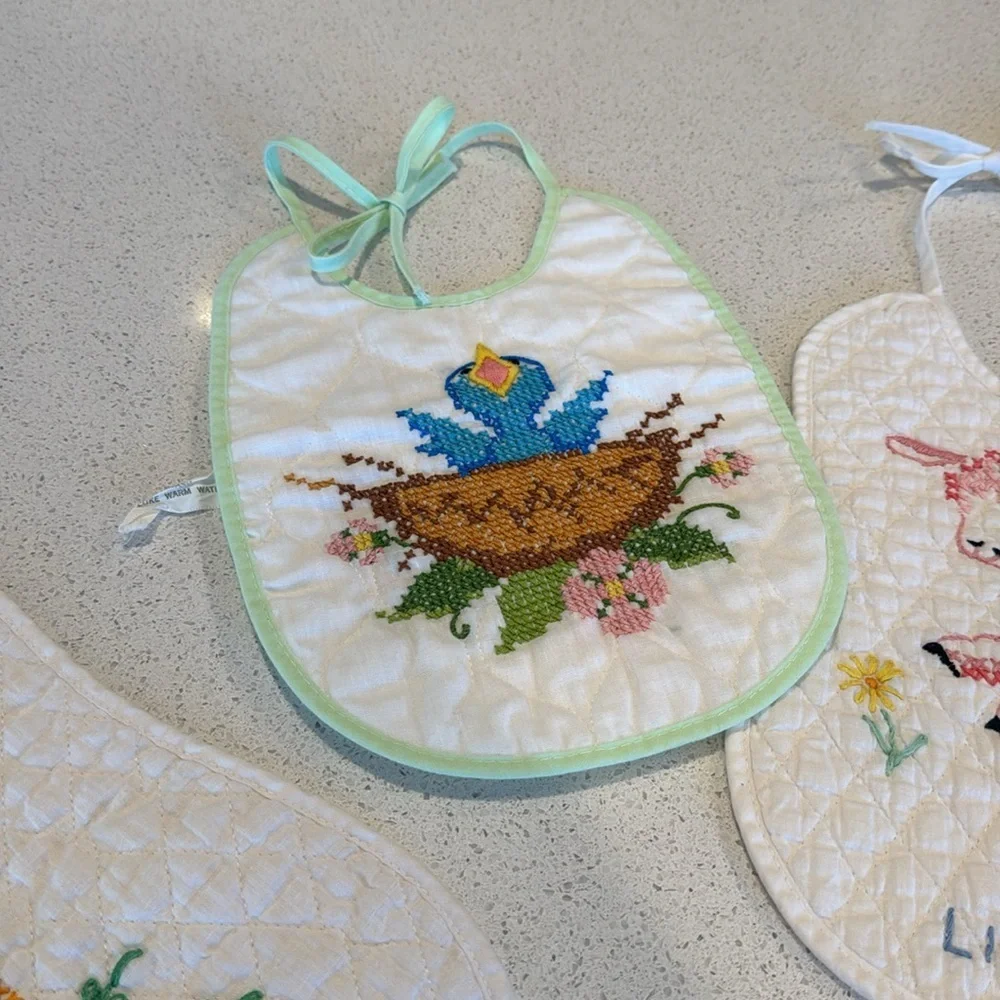 Vintage Cross Stitch Embroidered Baby Little Lamb Wise Owl baby blue bird set 3